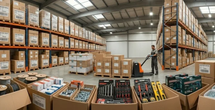 Gran stock de herramientas y repuestos en los depósitos de Distribución Masiva, importador mayorista de artículos de ferretería en General Rodríguez, Buenos Aires.