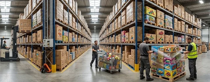 Variedad de cajas con juguetes por mayor en el depósito de Distribución Masiva, listos para enviar a comercios de Argentina.