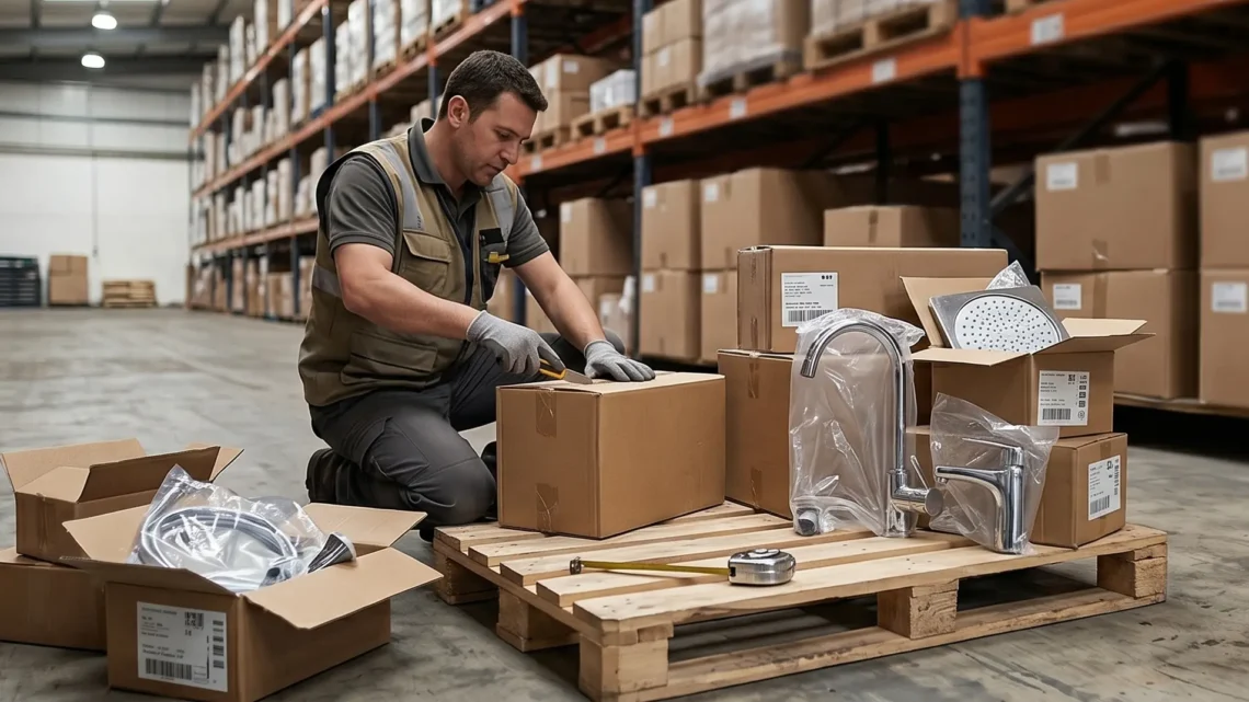 Lote de cajas de grifería listas para despacho mayorista en el depósito de Distribución Masiva.