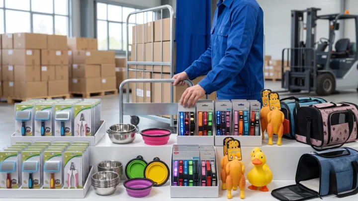 Cajas de accesorios para mascotas listas para ser despachadas por mayor en el depósito de Distribución Masiva.