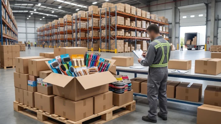 Cajas de artículos de regalería y cuidado personal listas para despacho en el depósito mayorista de Distribución Masiva.
