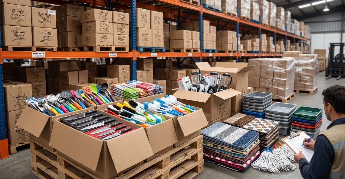 Cajas apiladas con productos de bazar por mayor para revender en el depósito de Distribución Masiva listos para envío.