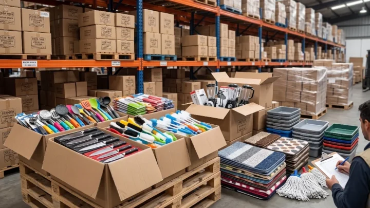Cajas apiladas con productos de bazar por mayor para revender en el depósito de Distribución Masiva listos para envío.