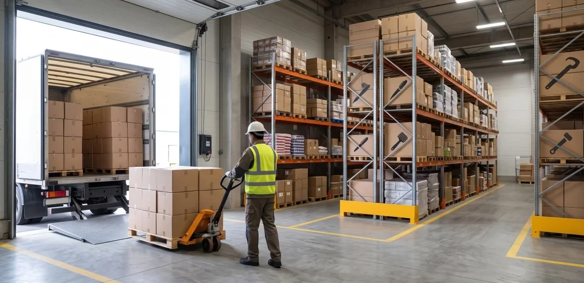Cajas y stock de productos importados por mayor en el depósito de Distribución Masiva en General Rodríguez, Argentina.
