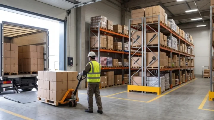 Cajas y stock de productos importados por mayor en el depósito de Distribución Masiva en General Rodríguez, Argentina.